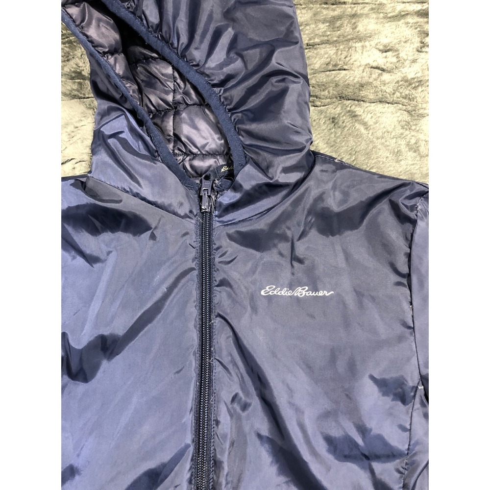 Eddie Bauer‎ Reversible Puffer Jacket Kids S 7/8 Navy Blue Hooded Down 9300W683